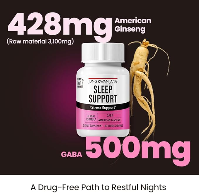 JungKwanJang Sleep Support GABA Complex 500mg with American Ginseng - Sleep Aid Supplement for Meditation Support, Better Sleep, and Increased Energy, 60 Capsules for Men and Women