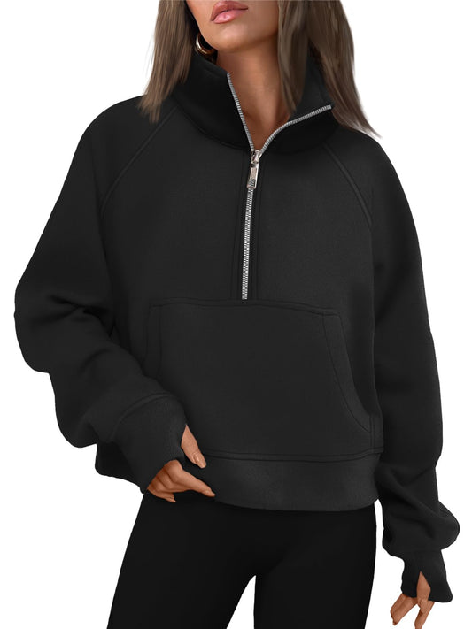 AUTOMET Womens Sweatshirts Long Sleeve Tops Hoodies Shirts Half Zip Pullover Cropped Oversized 2024 Fall Fashion Outfits Sweaters Black