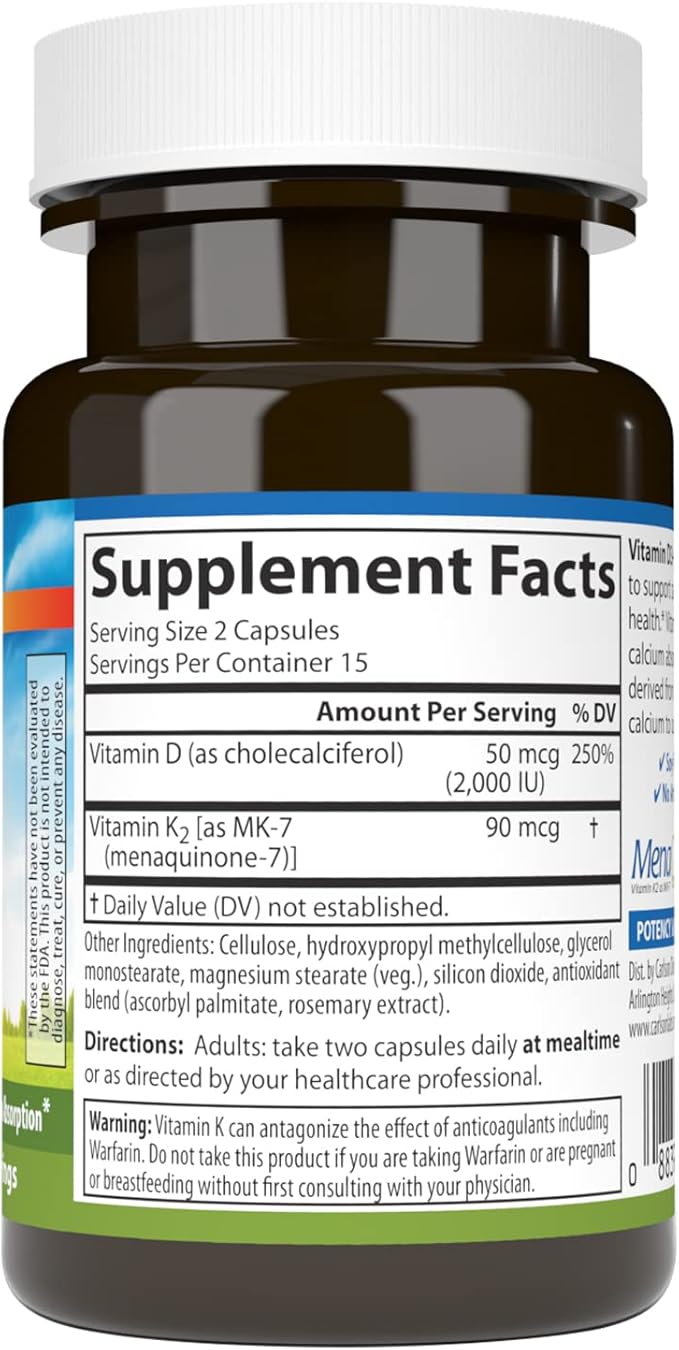 Carlson - Vitamin D3 + K2, 50 mcg (2000 IU) Vitamin D3 & 90 mcg Vitamin K2 as MK7, Bone Support, Calcium Absorption, 30 Capsules
