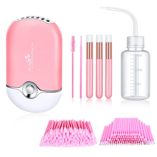 Lash Fan, 105 Pcs USB Mini Portable Fans Rechargeable Electric Handheld Air Conditioning Lash Shampoo Brushes Nose Blackhead Facial Cleaning Brush Plastic Wash Bottle (pink)