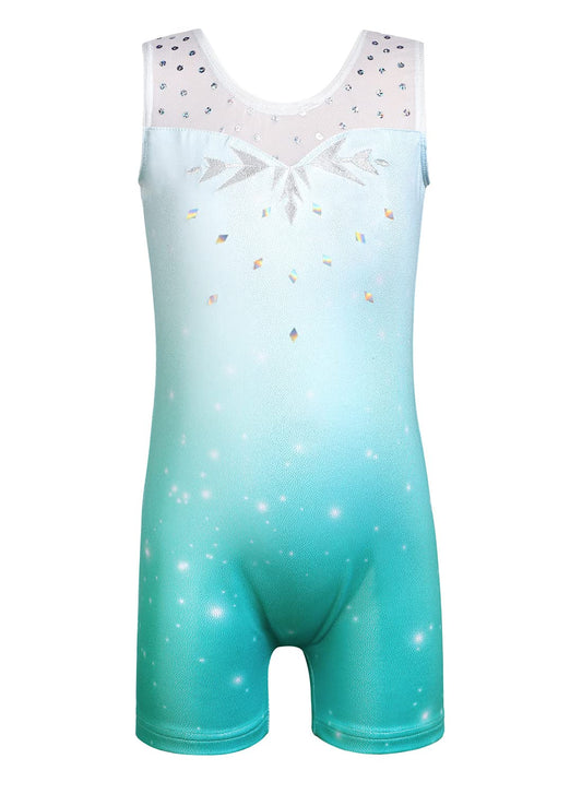 HOZIY Gymnastics Leotards for Girls Kids Clothing Outfits 5t 5/6 Year Old Biketard Mesh Bike Shorts Aqua Blue Snowflake Sparkly Shiny