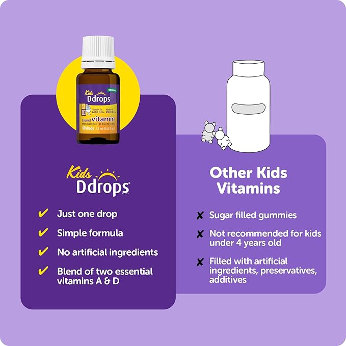Ddrops® Kids Organic Liquid Vitamins – Daily Vitamins A&D Drops for Kids, 60 Drops. Supports Eye Health, Bone Development and Immune Function. Certified Organic, Non-GMOs, Allergy-Friendly