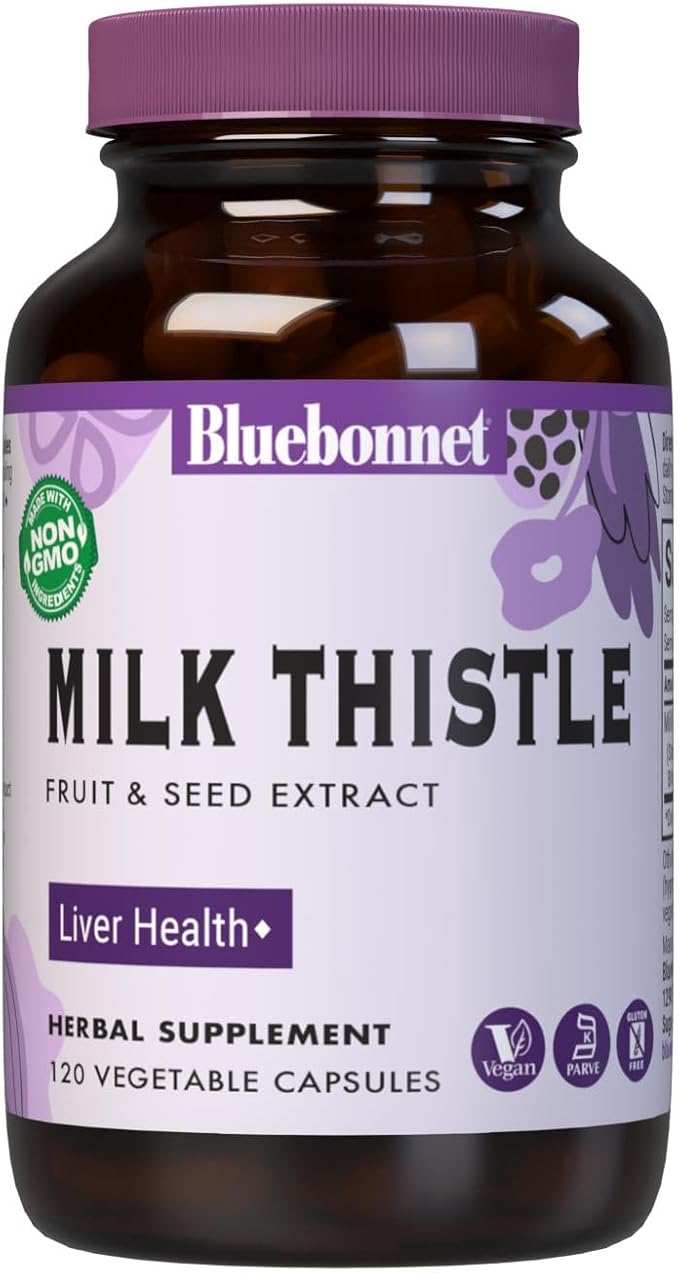 BlueBonnet Nutrition Milk Thistle Fruit & Seed Extract, Liver Health*, Non-GMO, Vegan, Kosher Certified, Gluten-Free, Soy-Free, 120 Vegetable Capsules, 120 Servings