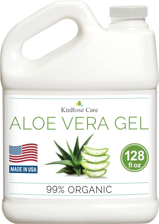KinRose Care Aloe Vera Gel Organic Gallon for Face, Skin, Hair & Sunburn Relief 100 Percent Pure Aloe Vera Gel Bulk Wholesale - Cold Pressed, Vegan, Unscented - Made in USA (128 Fl Oz)