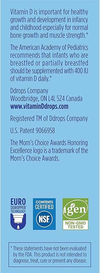 Ddrops Baby Liquid Vitamin D3, 400 IU per drop, 2.5mL (Pack of 4)