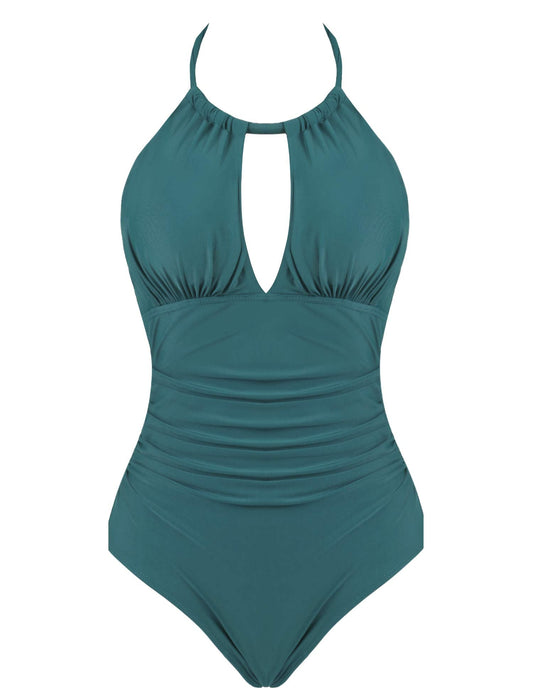 Joyaria Womens Halter Slimming One Piece Swimsuits Ruched Tummy Control Bathing Suit Monokini Swimwear (Green, Small)