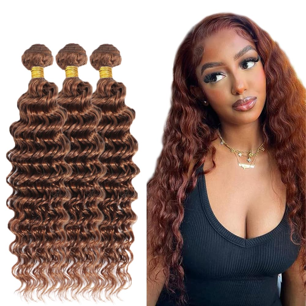 Brown Loose Wave Human Hair Bundles Color #30 Deep Wave Bundles 18 20 22 Inch Brown Wet and Wavy Bundles Color #30 Bundles Brazilian Virgin Light Brown Bundle Human Hair Extensions