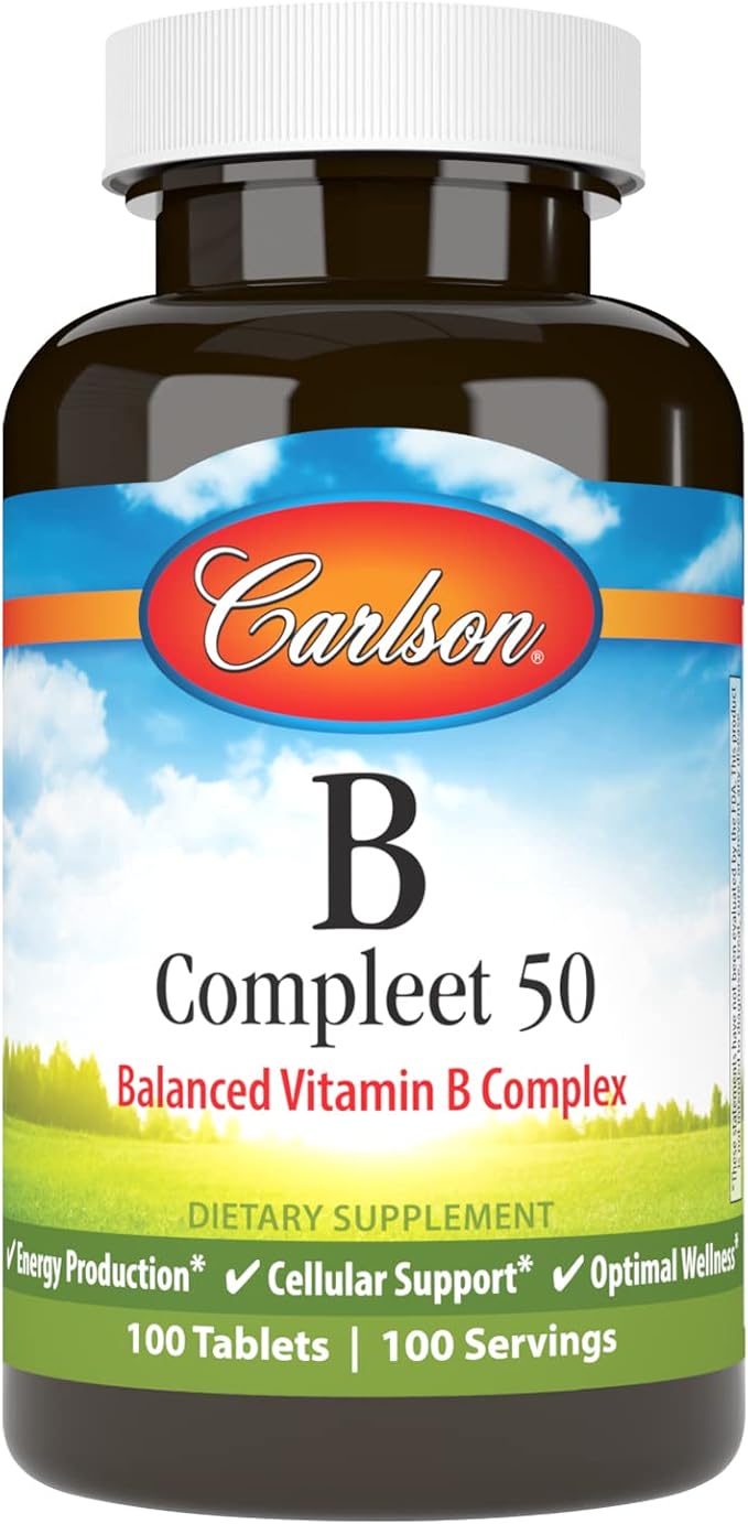 Carlson - B Compleet 50, Balanced Vitamin B Complex, Energy Production, Cellular Support & Optimal Wellness, 100 Tablets