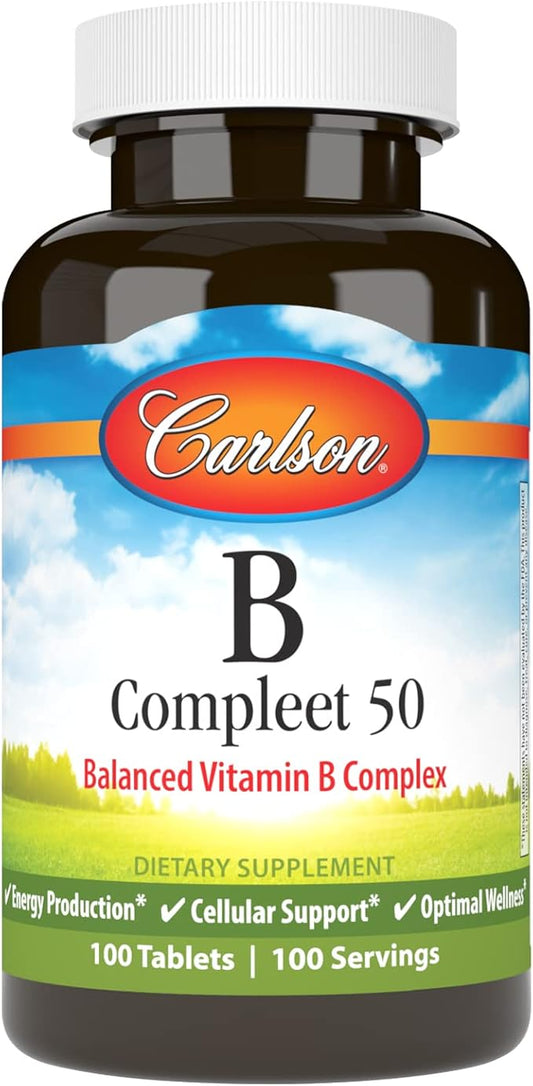 Carlson - B Compleet 50, Balanced Vitamin B Complex, Energy Production, Cellular Support & Optimal Wellness, 100 Tablets