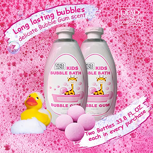 Dead Sea Collection Bubble Bath Kids with Bubble Gum Scent - Cleansing and Moisturizing Liquid Bath Pure Dead Sea Minerals - Pack of 2 Large Bottles (67.6 fl.oz)