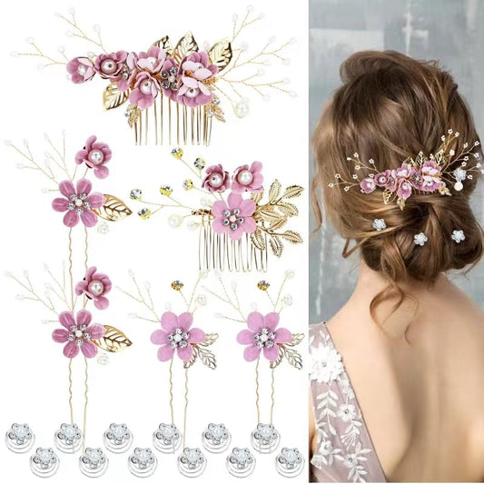 Cinaci 18 Pieces Bridal Wedding Party Prom Pearl Rhinestone Purple Flower Hair Side Combs Slides+U-shaped Flower Hair Pins+Twist Spiral Hairpins Floral Headpieces for Brides Bridesmaids Women Girls