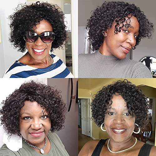 Brazilian Kinky Curly 10 Inch Human Hair Wigs for Black Women - Wear and Go Glueless Short Wig with Natural Color - 100% Human Hair