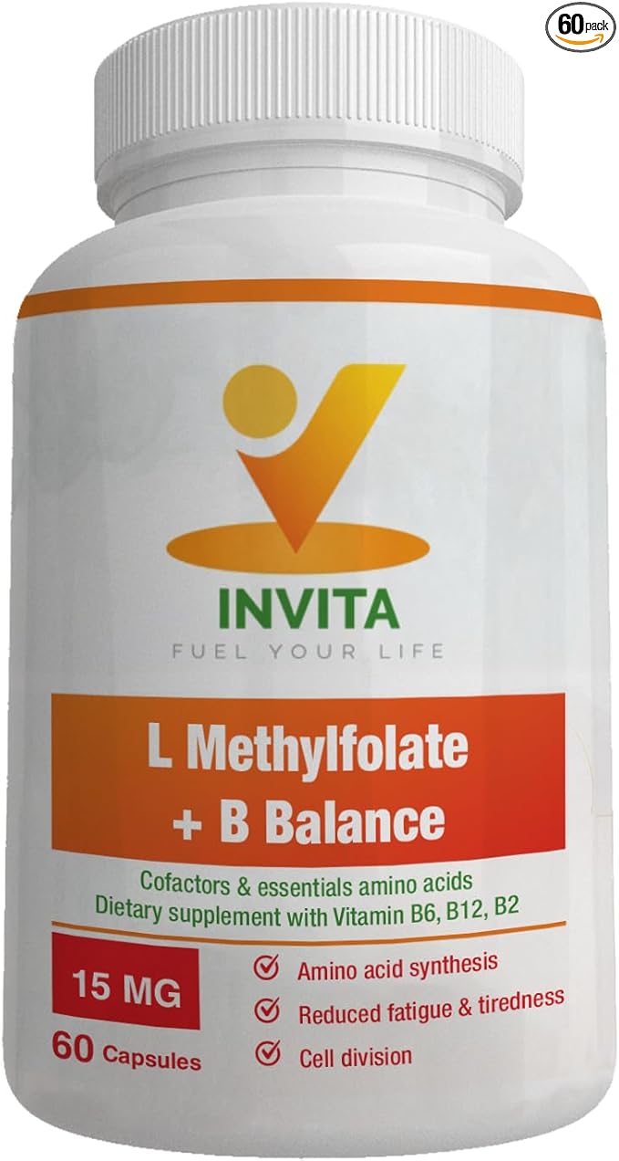 INVITA L-Methylfolate + B Balance (15mg) - 5-MTHF, B6, B2 & B12 Methylcobalamin B Complex - 60 Capsules - Professional Strength Active Methyl Folate - Non GMO, Gluten Free, No Fillers
