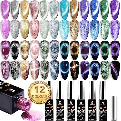Clara Colors Cat Eye Gel Nail Polish Set - 12 Holographic Glitter Colors With Magnet, Romantic Galaxy Series, Long Lasting Soak Off UV LED