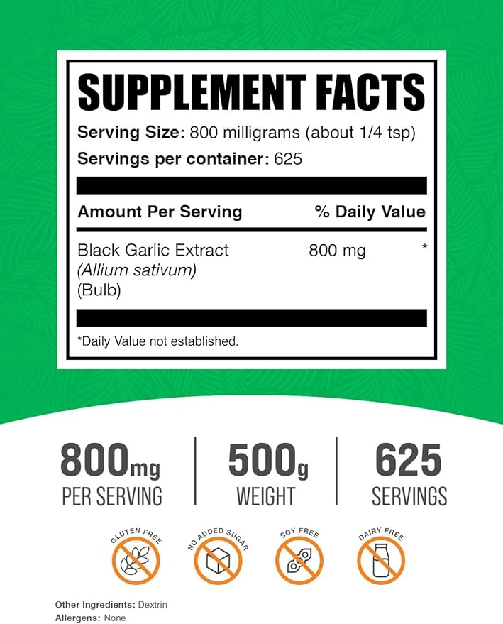 BulkSupplements.com Black Garlic Extract Powder - Aged Garlic Extract, Herbal Supplement - Vegan & Gluten Free, 800mg per Serving, 500g (1.1 lbs) (Pack of 1)