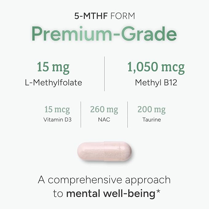 L-Methylfolate 15mg plus Methyl B12, D3, Taurine & NAC | 5-MTHF (Bioactive B9) Premium-Grade | Methylated Vitamins to Support Mood, Nerve Health & Methylation* | Methylfolate Supplement | 30 Capsules