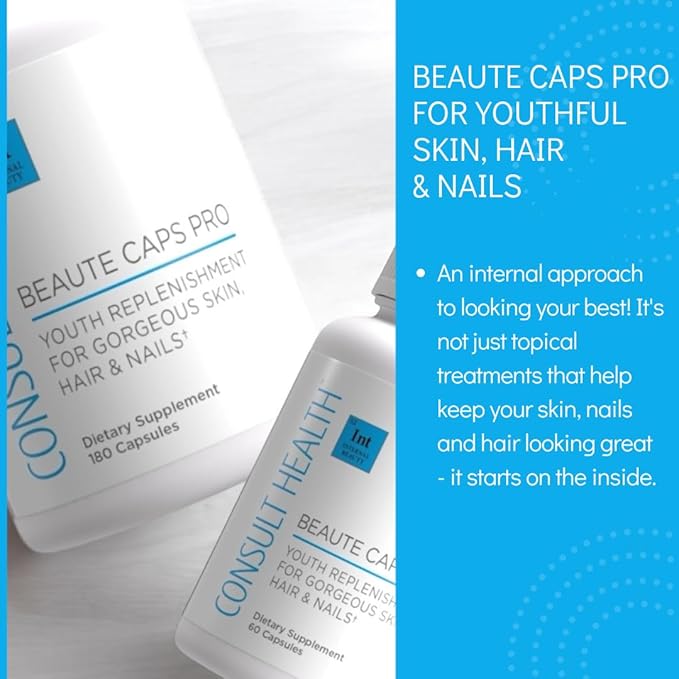 Consult Health Beaute Caps Pro - Supports Hair Growth, Skin & Nail Health - Collagen, Vitamins B6, B7,B12, D & 10,500 mcg Biotin - MSM, Blood Orange - Anti-Aging - USA Made - Women & Men 60 Capsules