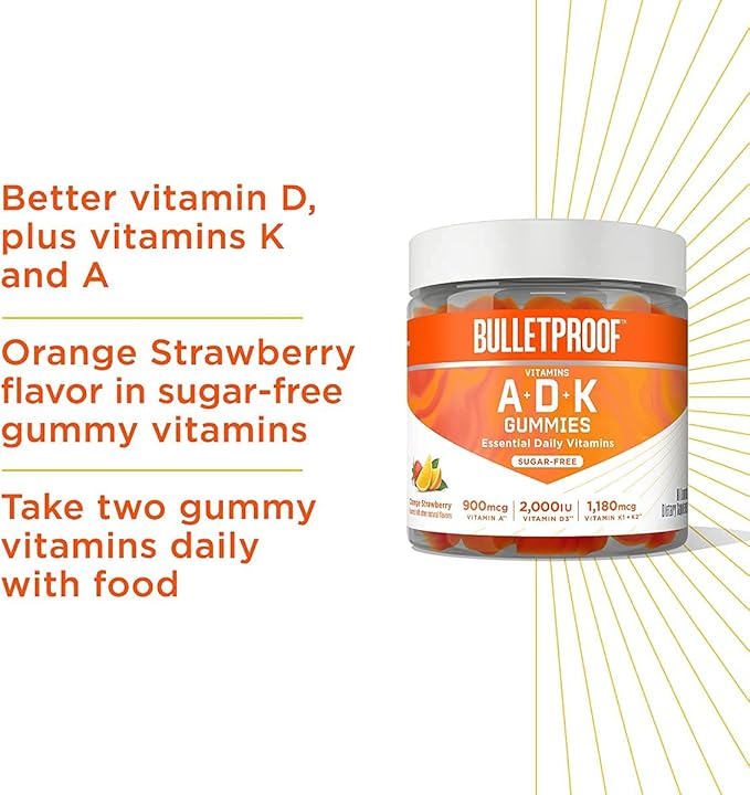Bulletproof Vitamins A+D+K, 60 Sugar-Free Gummies, Strawberry Orange Flavor |Turmeric Sugar-Free Gummies, 60 Count, Peach Ginger