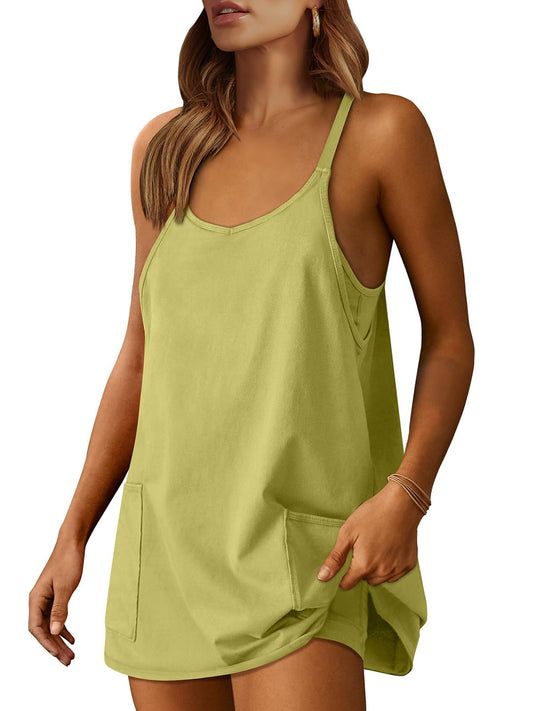 ANRABESS Women Summer Mini Romper Dress Workout Tennis Active Sports Athleisure Outfits Built in Shorts Trendy Vacation Light Green X-Smal