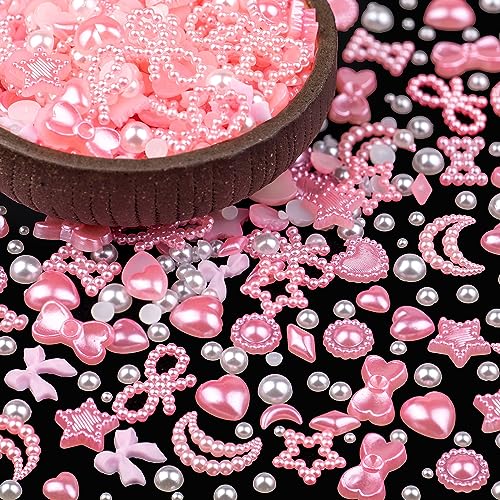 600Pcs 3D Multi Shapes Nail Charms and Flatback Pearls, Light Pink&White Mix Styles Heart Star Bow Sunflower Embellishments for Nail Art, Craft and Decoration with Tweezer and Pickup Pencil