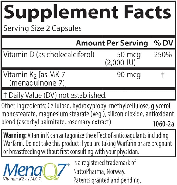Carlson - Vitamin D3 + K2, 50 mcg (2000 IU) Vitamin D3 & 90 mcg Vitamin K2 as MK7, Bone Support, Calcium Absorption, 30 Capsules