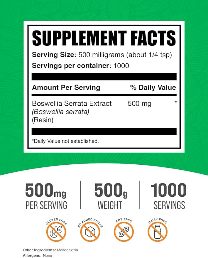 BulkSupplements.com Boswellia Serrata Extract Powder - from Frankincense Resin, Boswellia Serrata Powder - Herbal Supplement, Gluten Free, 500mg per Serving, 500g (1.1 lbs) (Pack of 1)