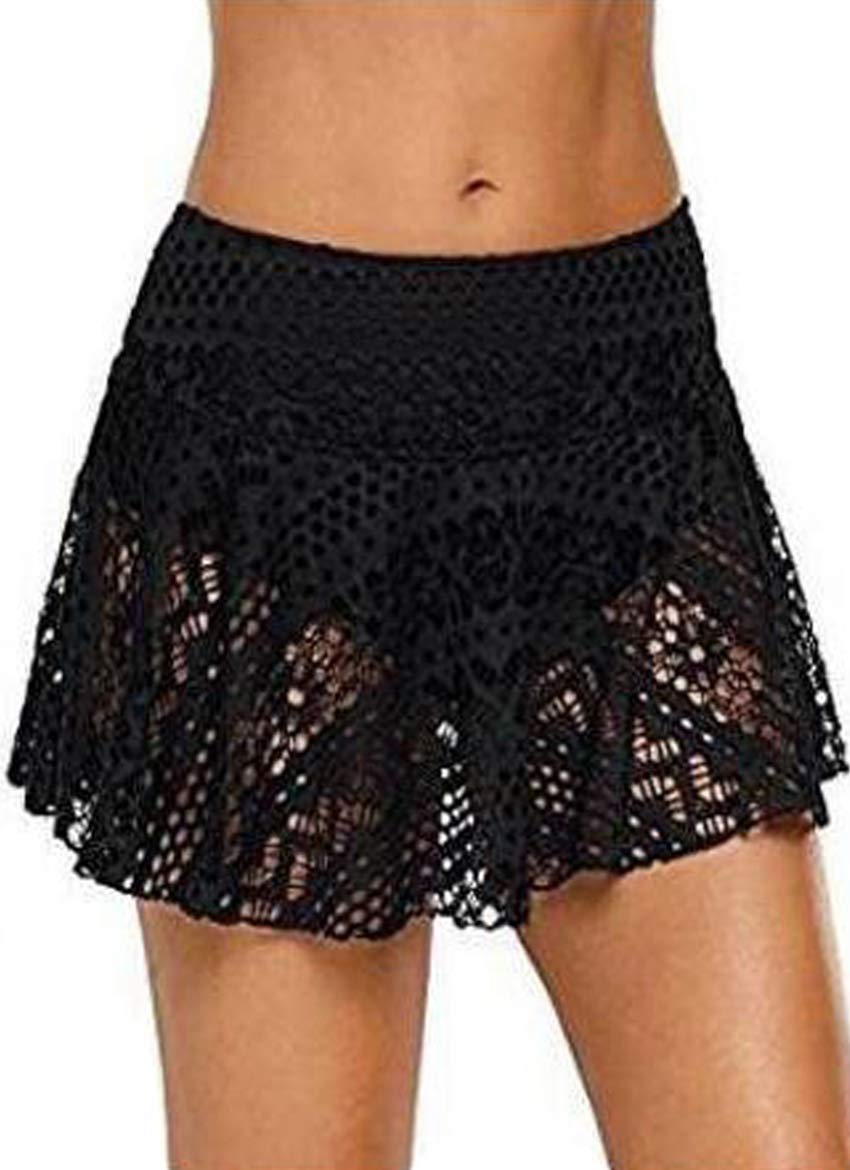 Cokarsey Women's Lace Hollow Out Skirted Bikini Bottom Swimsuit Skorts Bikini Skirt Black, Medium
