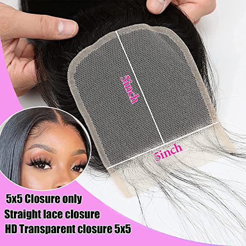 Hd Closure 5x5 Straight Closure 5x5 Transparent Lace Closure 12A Virgin Remy Human Hair Frontal Closure Pre Plucked With Baby Hair Natural Black Color(14inch)