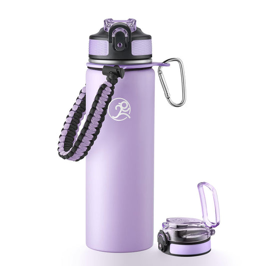 GOSWAG Insulated Sports Water Bottle, 24oz 2 Lids(with Straw/No Straw), Stainless Steel Water Bottles with Paracord Handle, Insulated Thermos with Double-Wall Vacuum Insulation