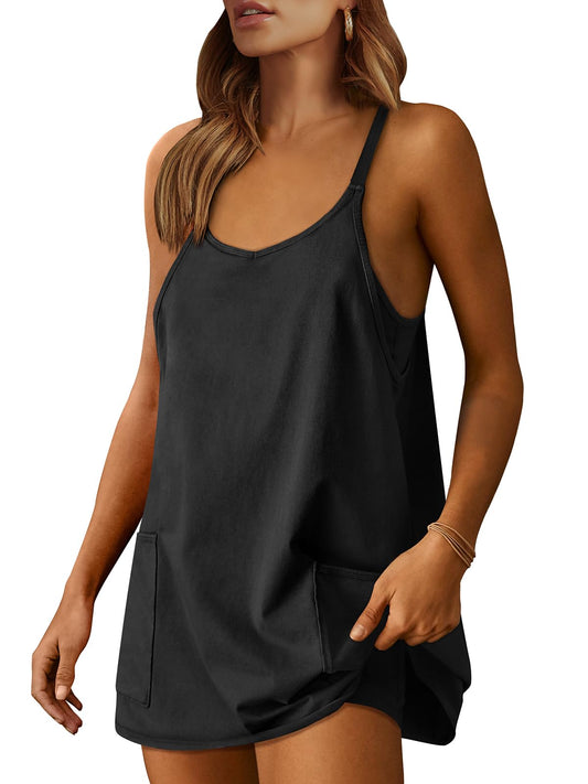 ANRABESS Women Summer Mini Romper Dress Workout Tennis Active Sports Athleisure Outfits Built in Shorts Trendy Vacation Black X-Smal