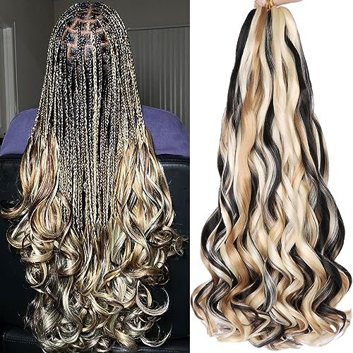 COOKOO 9 Packs French Curly Braiding Hair 22 Inch for Goddess Box Braids with Loose Wave Curly Ends Mix Black and Blonde Pre Stretched French Curls Synthetic Hair Extentions for Women P1B/27/613#
