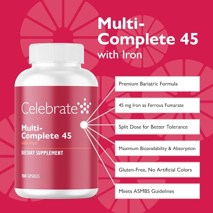 Celebrate Vitamins Multi-Complete, 45mg Iron – Daily Bariatric Multivitamin for Sleeve Gastrectomy and Gastric Bypass Surgery Patients – Essential Vitamins & Minerals (180 Capsules)