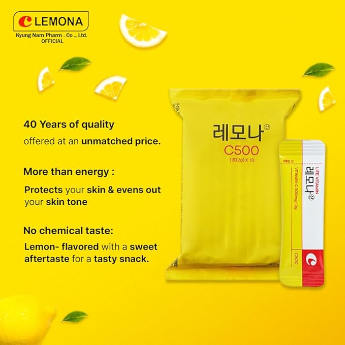 LEMONA Official Vitamin C 500mg, 70 Sticks Immune Support Supplement On-The-Go Vitamin C Individual Packets B6, B2, Easy to Take Daily Energy Boost Korean Food Snack Lemon (70 * 2g)