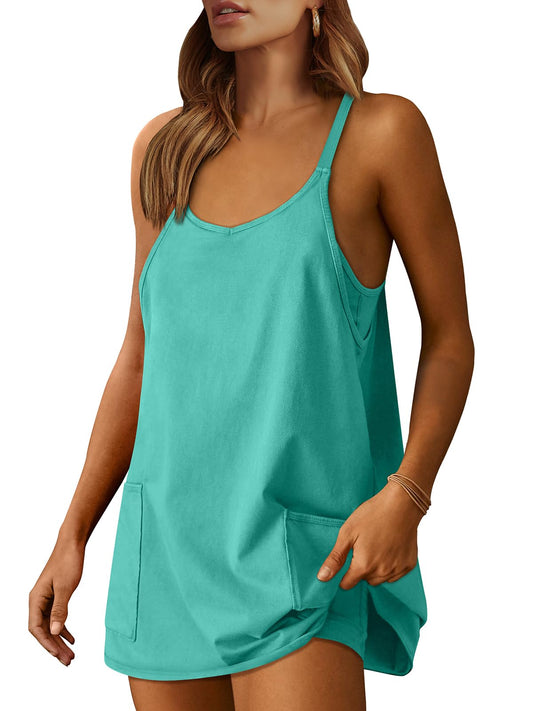 ANRABESS Women Summer Mini Romper Dress Workout Tennis Active Sports Athleisure Outfits Built in Shorts Trendy Vacation Cyan Medium