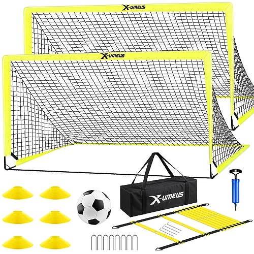 Kids Soccer Goals for Backyard Set of 2, 6x4 ft Portable Pop Up Soccer Goal Training Equipment with Soccer Ball, Ladder and Cones, Soccer Nets for Backyard for Kids Youth Toddler Outdoor Sports Game