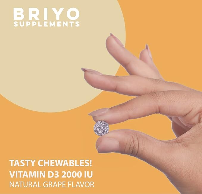 Briyo Vitamin d3 chewable Tablet - 2000 IU (50 mcg Per Serving) - Delicious Natural Grape Flavor, 90 Count