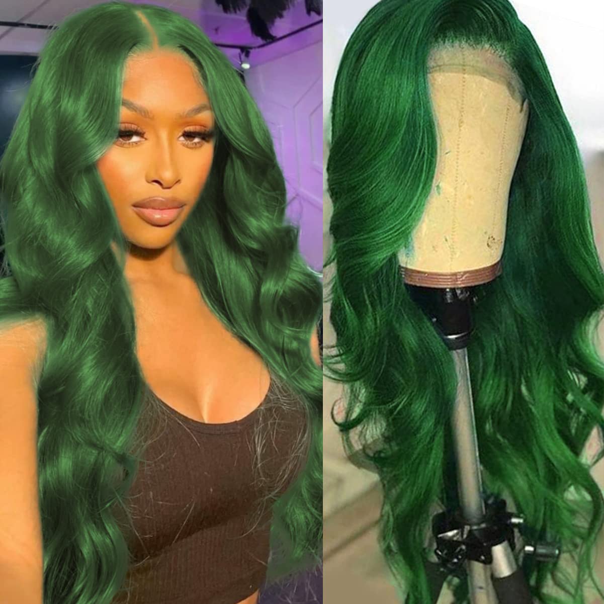 Colorful Bird Dark Green Body Wave Lace Front Wigs Human Hair 13x4 HD Transparent Lace Frontal Wigs for Women Brazilian Body Wave Human Hair Wigs Pre Plucked Hairline 150% Density Mint Green 24 Inch