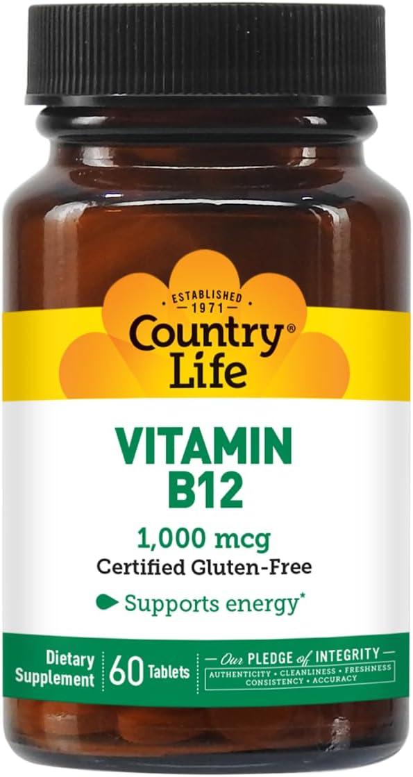 Country Life Vitamin B12 Supplement - Essential for Brain Function, Nerve Health, Red Blood Cells - Ideal for Anemia Prevention - Vegan Vitamin B, 1000 mcg - Gluten-Free, 60 Tablets