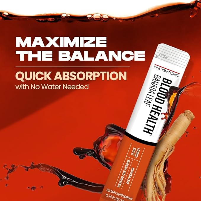 JungKwanJang Blood Health Banaba Leaf Extract (100mg), Carob Pods, Korean Red Ginseng Everytime Extract Sticks for Circulation, Post Meal, Energy, 10 Count