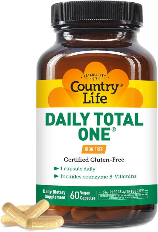 Country Life Daily Total One Multivitamin, Iron Free Once a Day Multivitamin & Multimineral Complex, Vitamins A, C, D, Including Coenzyme B-Vitamins, Supports Energy Metabolism, 60 Vegan Capsules