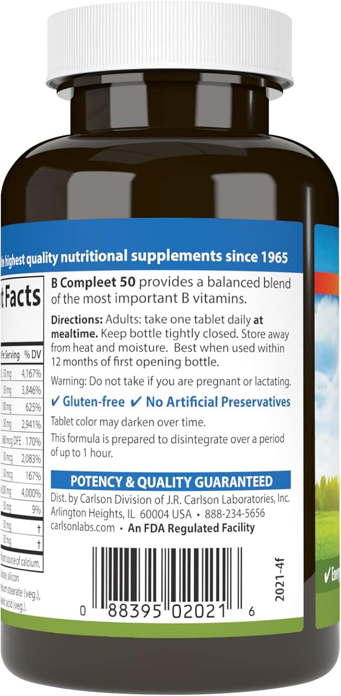 Carlson - B Compleet 50, Balanced Vitamin B Complex, Energy Production, Cellular Support & Optimal Wellness, 100 Tablets