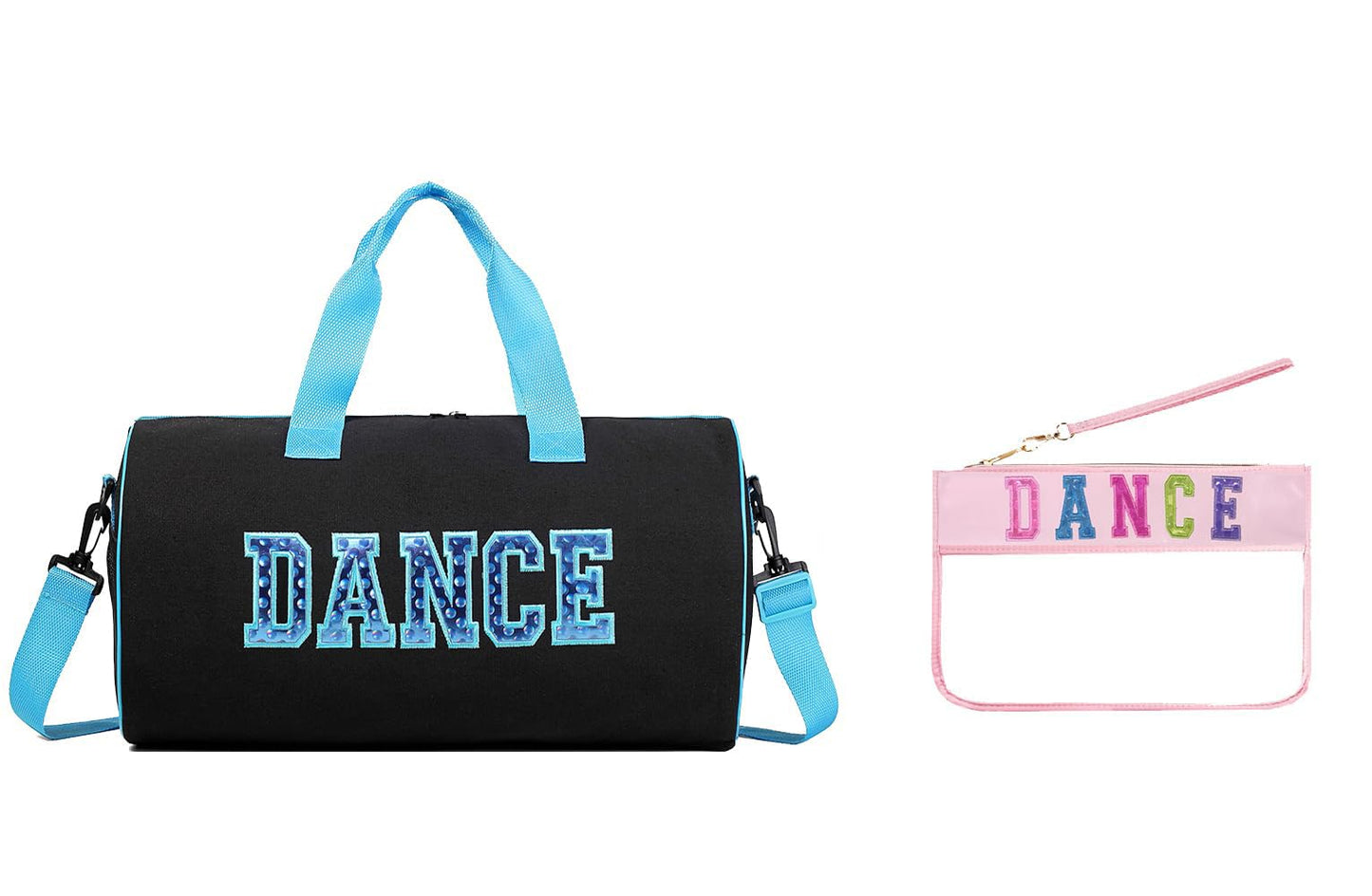 Dance Duffle Bag for Girls, Kids Toy Storage Bag,Weekend Bag,Overnight Bag,Gymnastics bag 17"Lx9"Wx9"H (Blue set-clear letter bag)