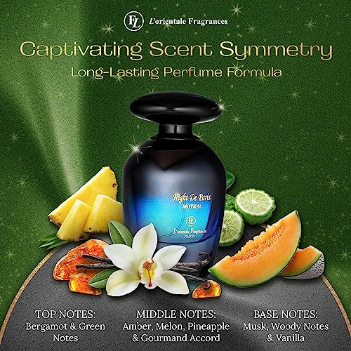 L'Orientale Fragrances Night De Paris in Motion 100ml / 3.3oz - Oil-Based Perfumes for Women & Men, Unisex Amber Vanilla Eau de Parfum w/Bergamot - Long-Lasting Up to 24 Hours, Ideal for All Seasons