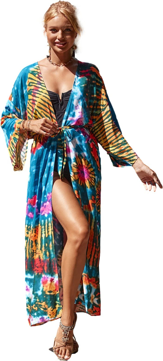 leaft Print Kimonos for Women Womens Beach Kimonos Long Sleeve Kimono Duster Soft Light Weight Kimono Cover up Cover up Loose Open Front Beach Cover up Summer Cardigans with Belt 1085-2