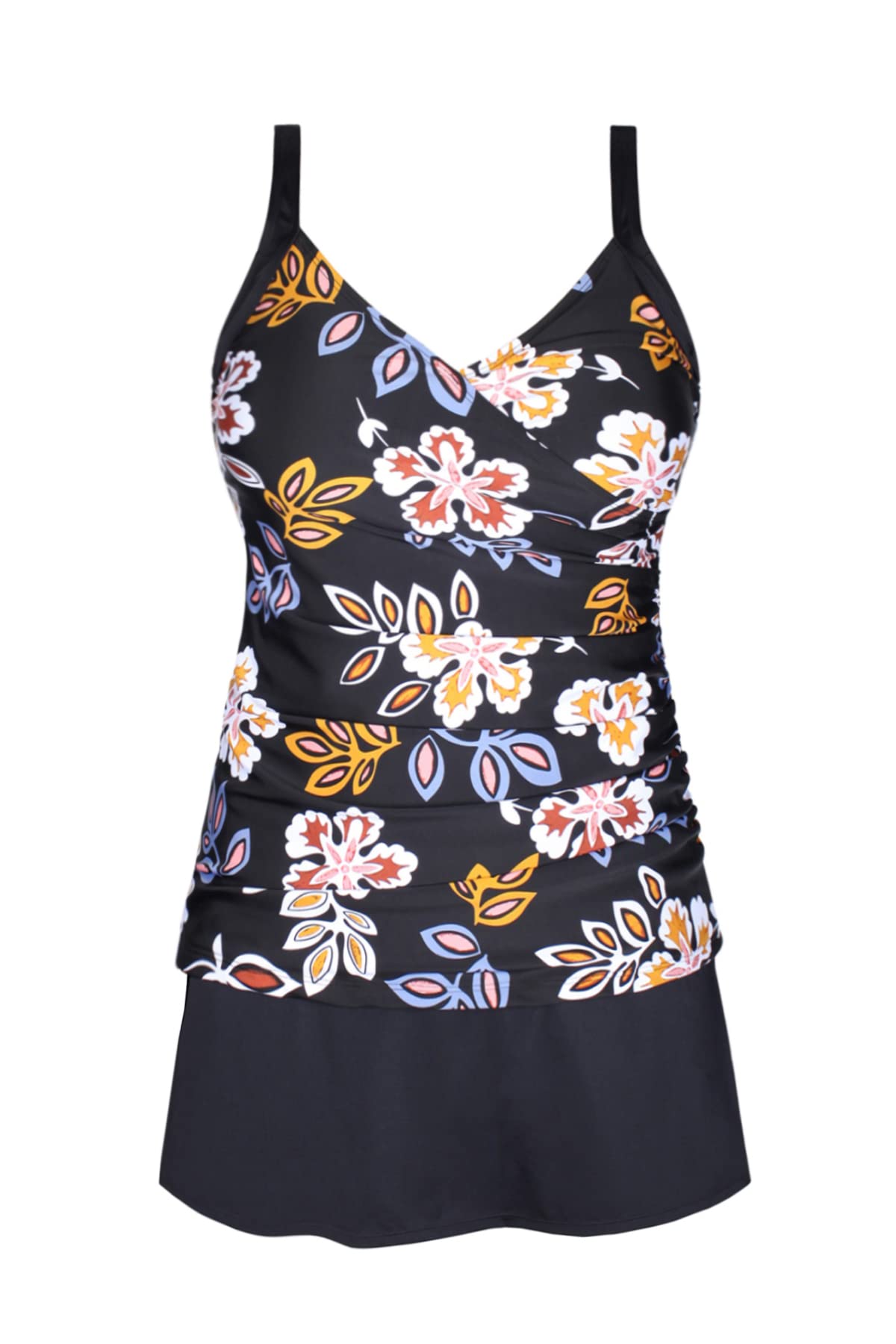 JINXUEER Plus Size Swimsuits Ruched Modest Swimdress Floral Tankini Swimwear Two Piece Skirt Bathing Suit for Women Blackflower