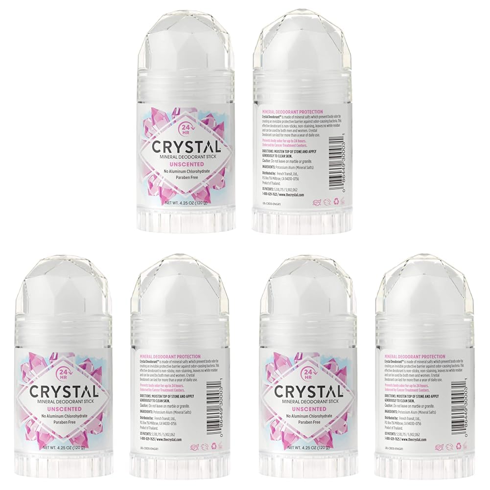 CRYSTAL Mineral Deodorant Stick - Unscented Body Deodorant With 24-Hour Odor Protection, Non-Staining & Non-Sticky, Aluminum Chloride & Paraben Free, 4.25 oz, (6 Pack) (Packaging May Vary)