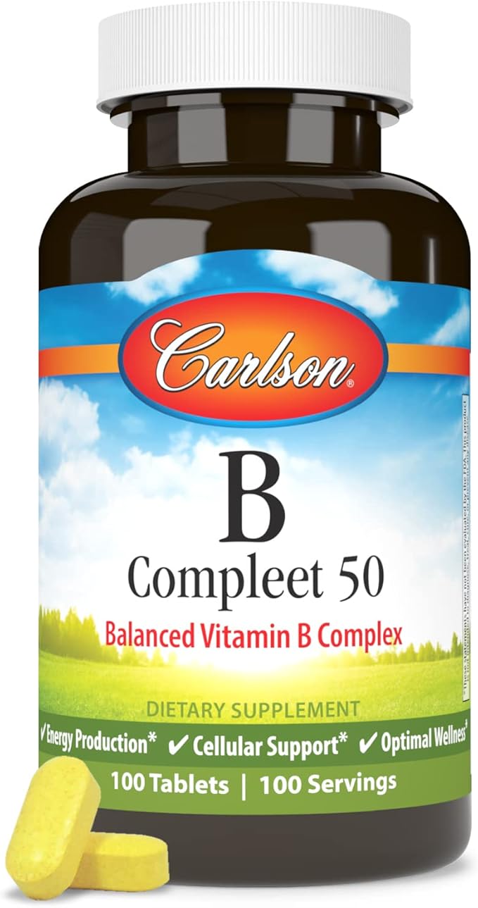 Carlson - B Compleet 50, Balanced Vitamin B Complex, Energy Production, Cellular Support & Optimal Wellness, 100 Tablets