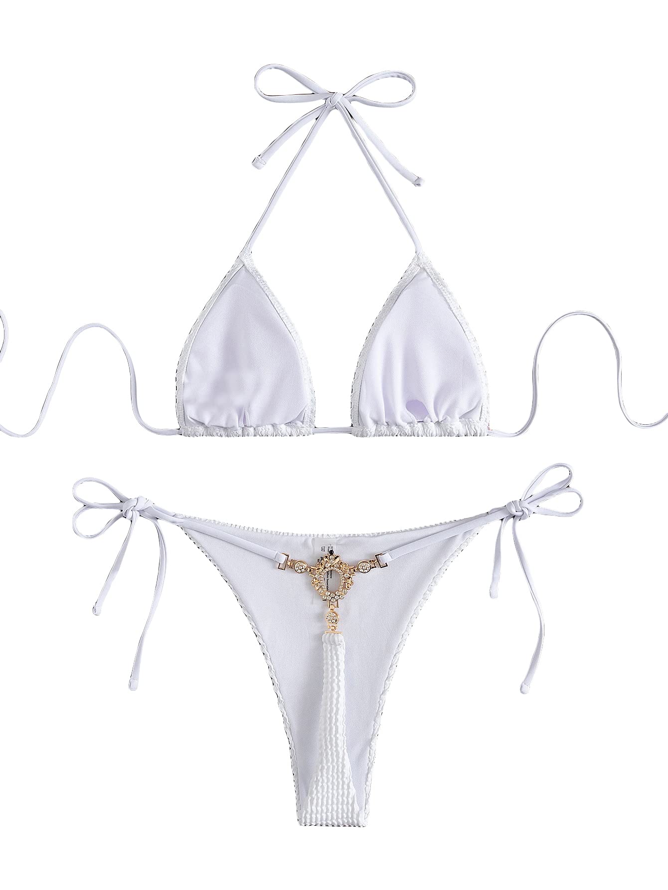 COZYEASE Women's 2 Piece Bikini Sets Sexy Thong Rhinestone Swimsuits Halter Tie Side Bathing Suits White S