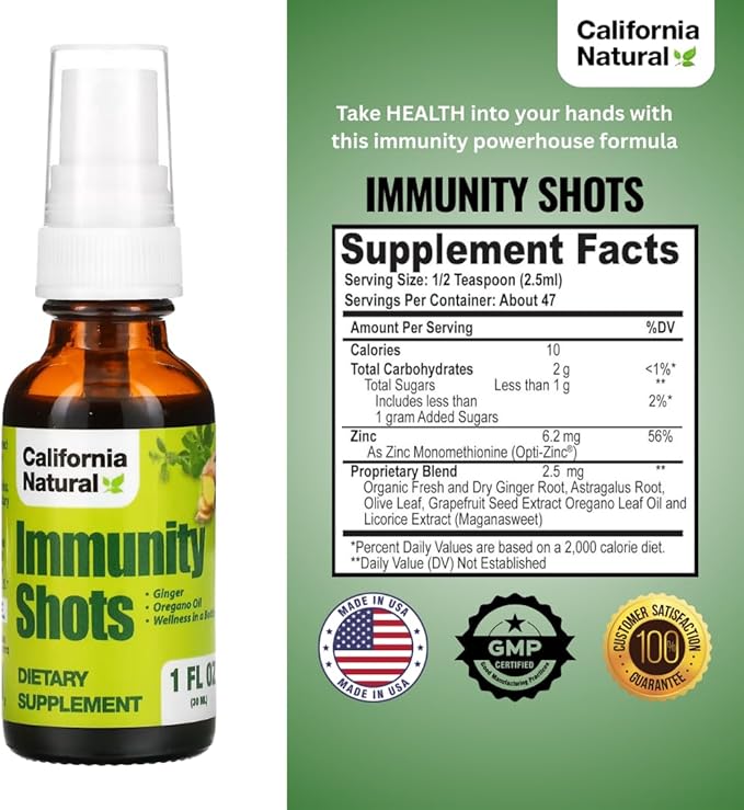 California Natural Immunity Shots 1oz Bottle, Organic Ginger Root, Oregano Oil - Potent & Pure Immune System Booster - Immune System Support & Wellness Shot (Pack of 1)