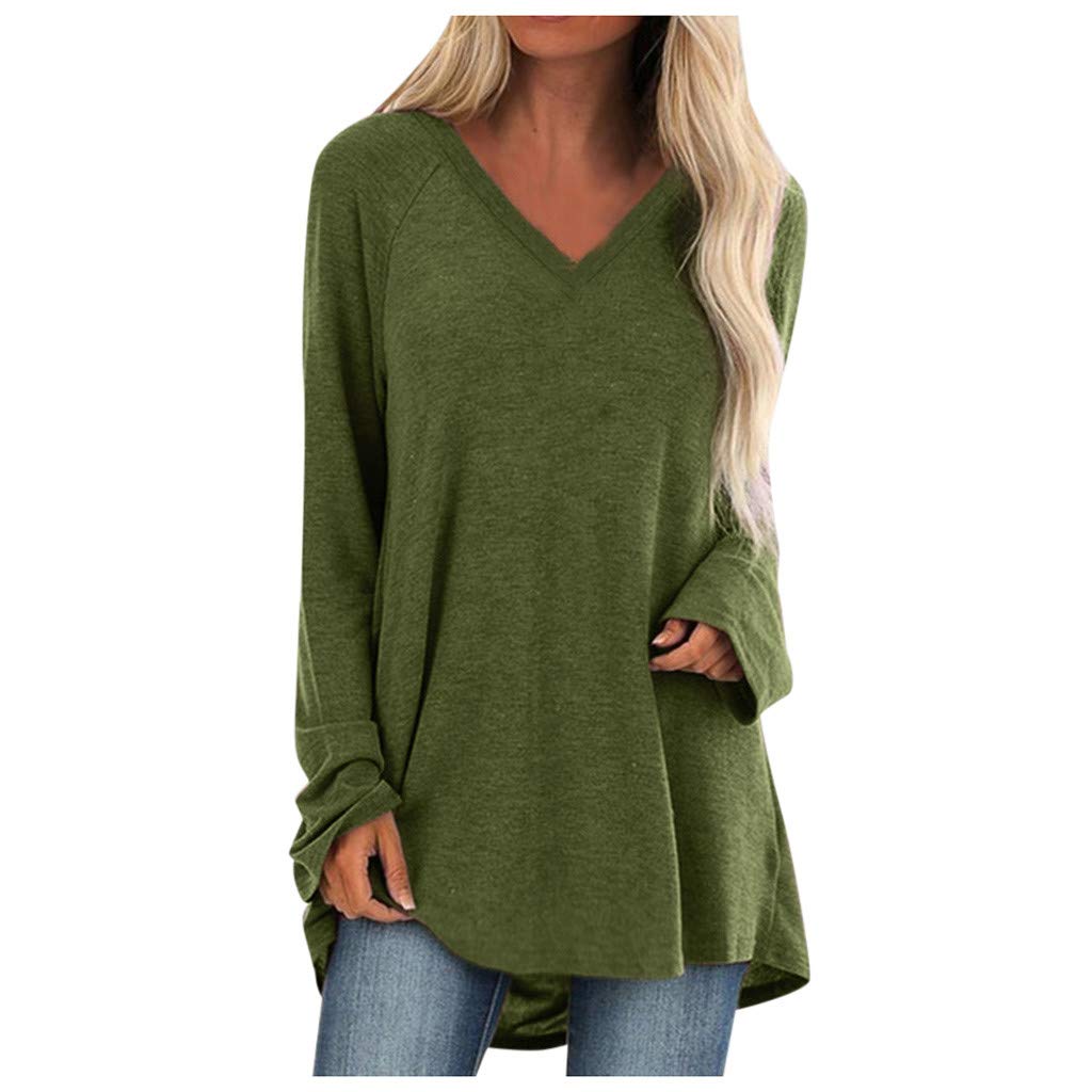 Aniywn Women's Plus Size Sweatshirt Tops Ladies Baggy Long Sleeve Thin Solid Pullover Blouse T Shirts (S, V-Green)